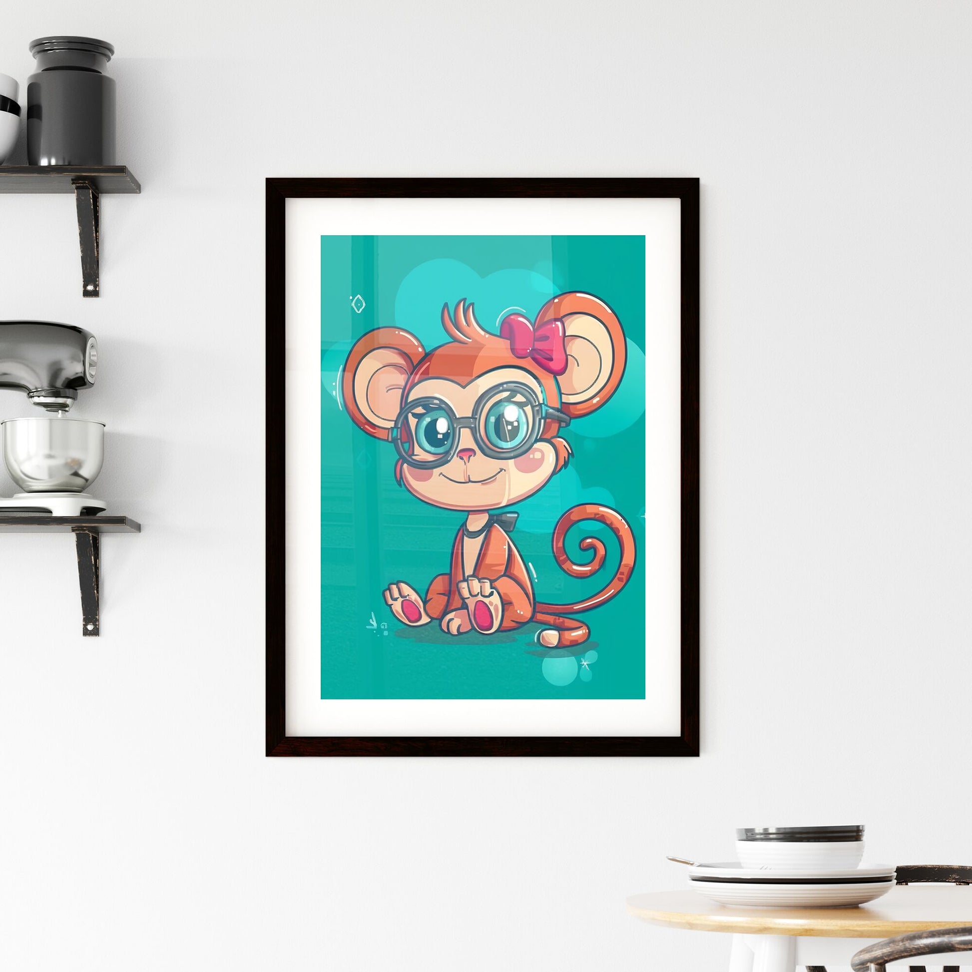 Colorful Kawaii Style Monkey Graphic: Vibrant Painting with Clear Outline and Cartoon Character Wearing Glasses and Bow Tie Default Title