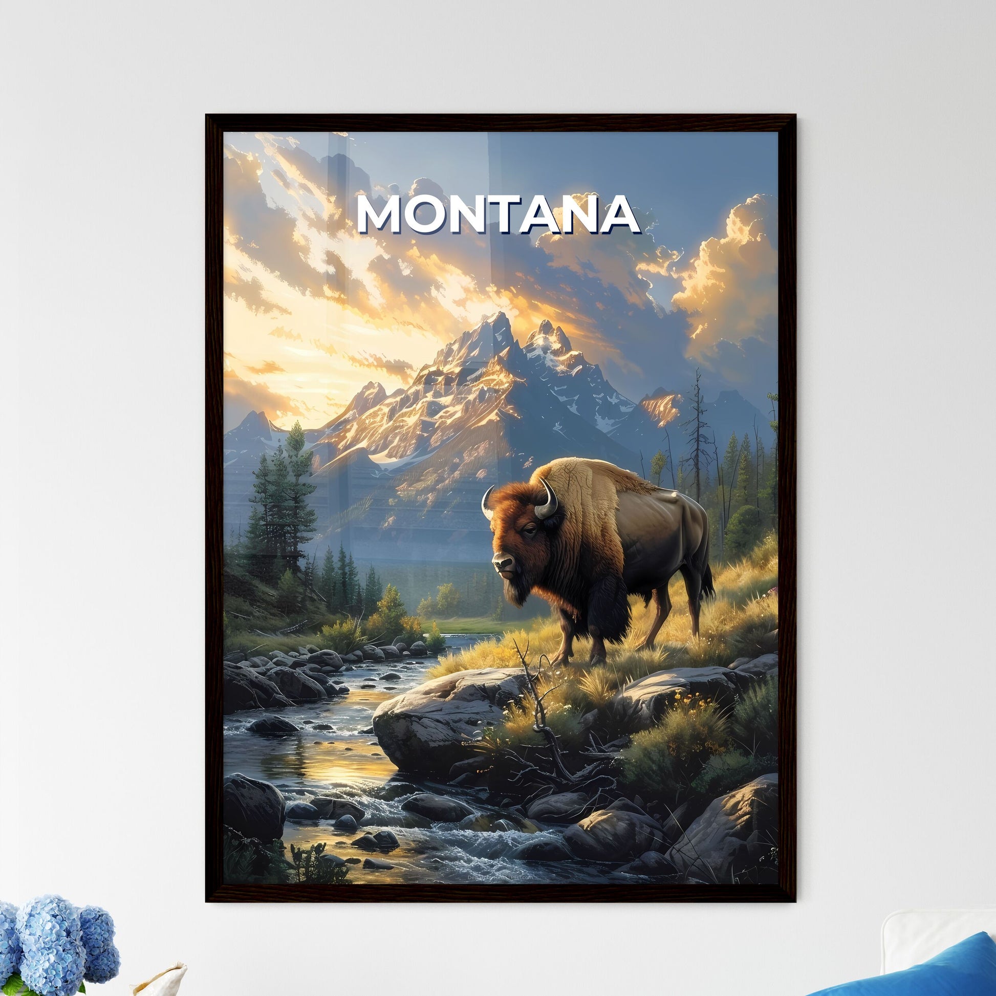 Vibrant Digital Painting: Majestic Bison Posing on Rocks Amidst River's Edge in Montana