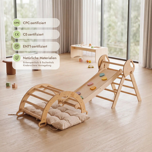 Montessori 4in1 Kletterdreieck für Babys: Pikler-Dreieck, Kletterbogen, Rutschbrett und Kissen für Kleinkinder (1–3 Jahre)