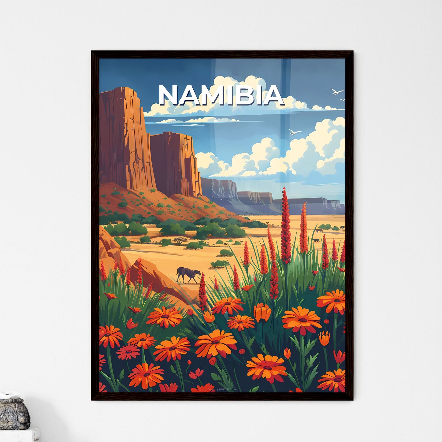 Vibrant Namibian Desert Landscape Painting with Orange Blooms and Mountain Scenery