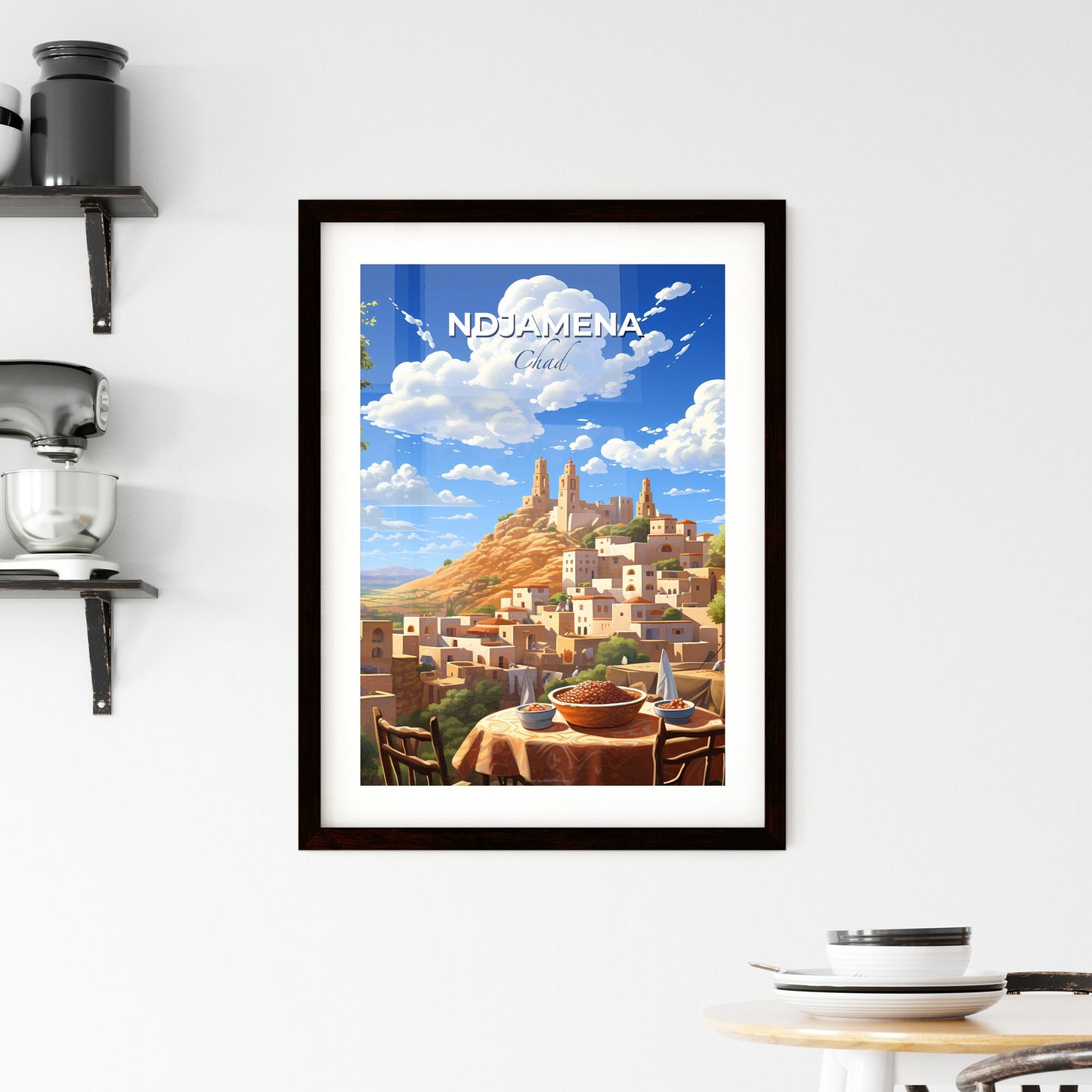 Vibrant Art Painting of N'Djamena Chad City Skyline with Food Table in the Foreground Default Title