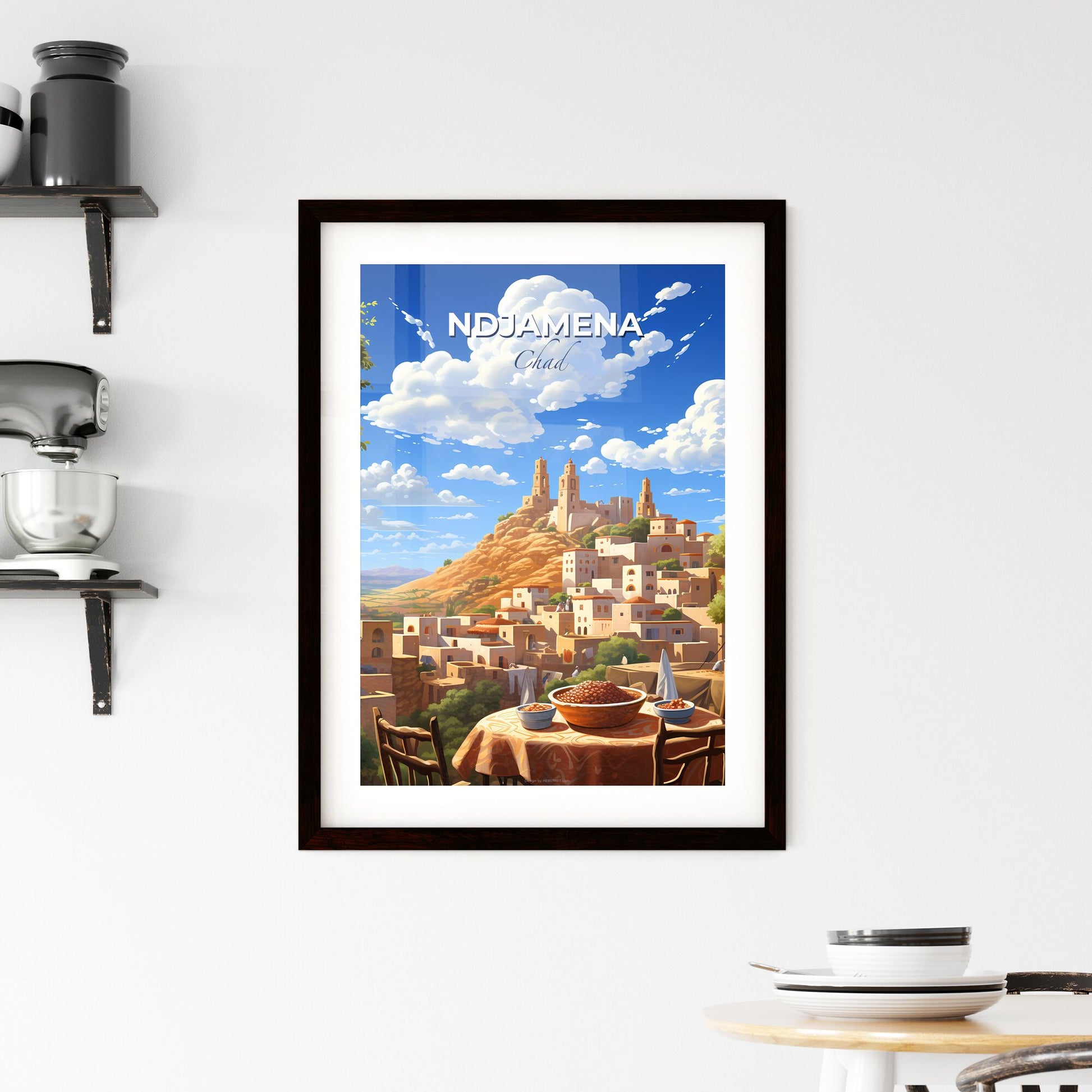 Vibrant Art Painting of N'Djamena Chad City Skyline with Food Table in the Foreground Default Title