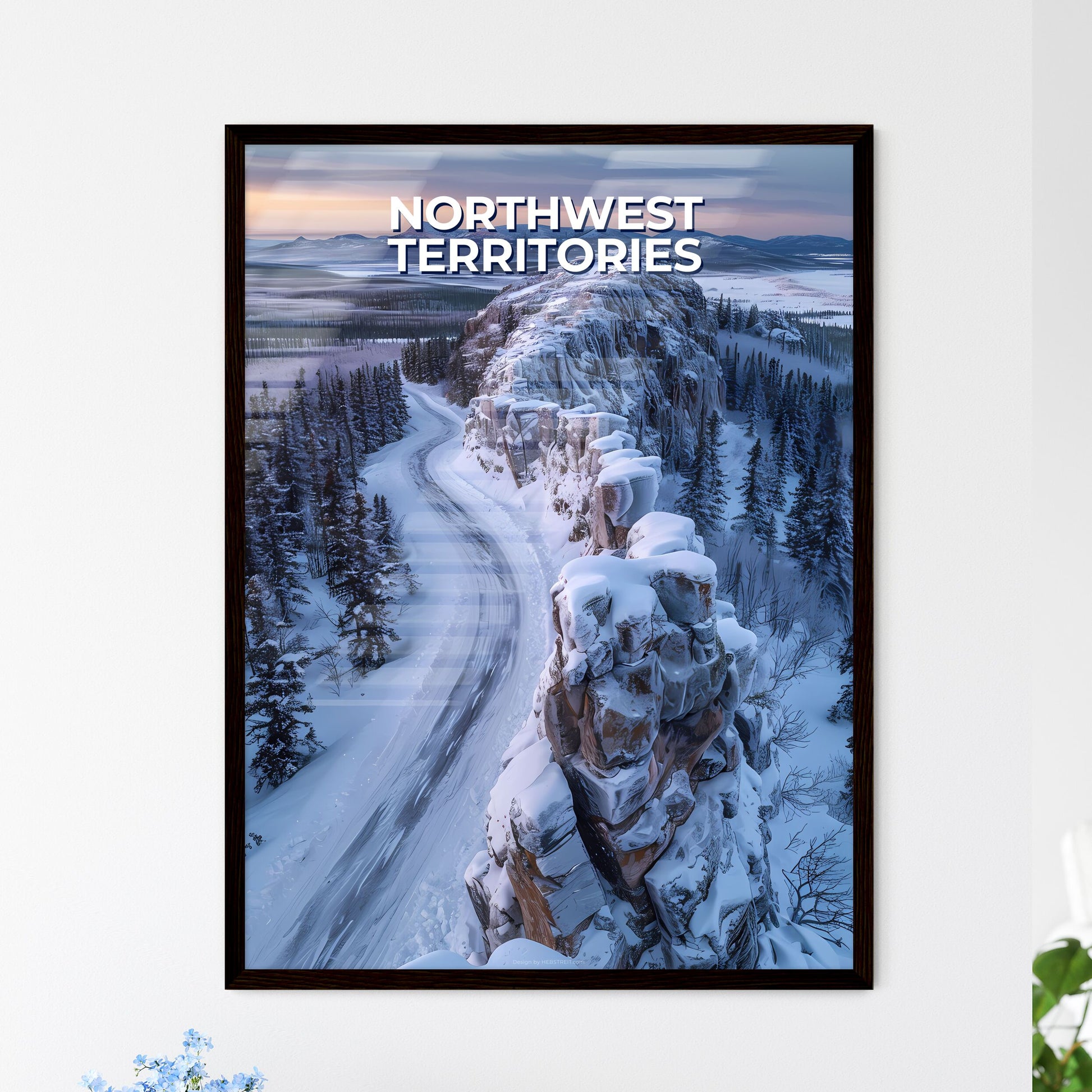 Northwest Territories Road Landscape, Artistic Snowy Painting, Vibrant Colors, Winter Art
