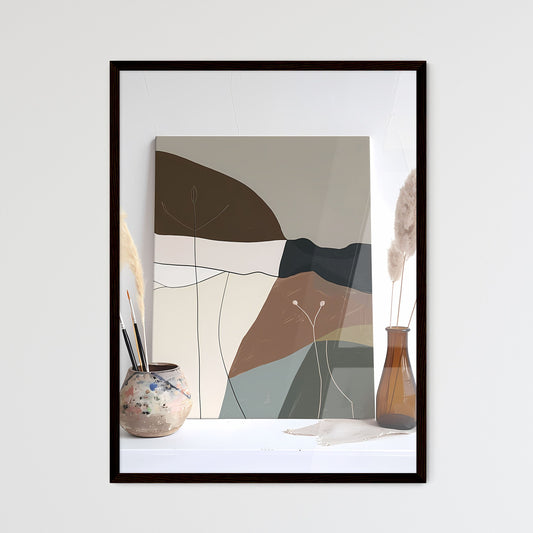One line art, minimalist painting and vase with brush in it, muted color palette, minimalistic, gouache art poster Default Title