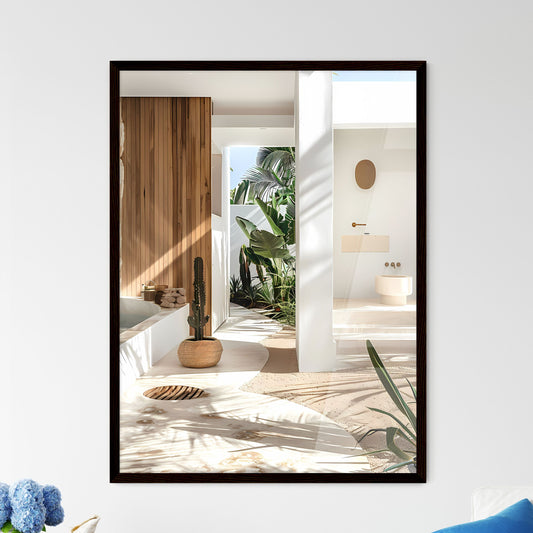 Serene outdoor garden oasis with tropical plants, cacti, white walls, wood accents, concrete floor, stone bathtub, modern beach house, golden hour lighting, architectural digest quality, editorial photography, focus on art, vibrant painting Default Title