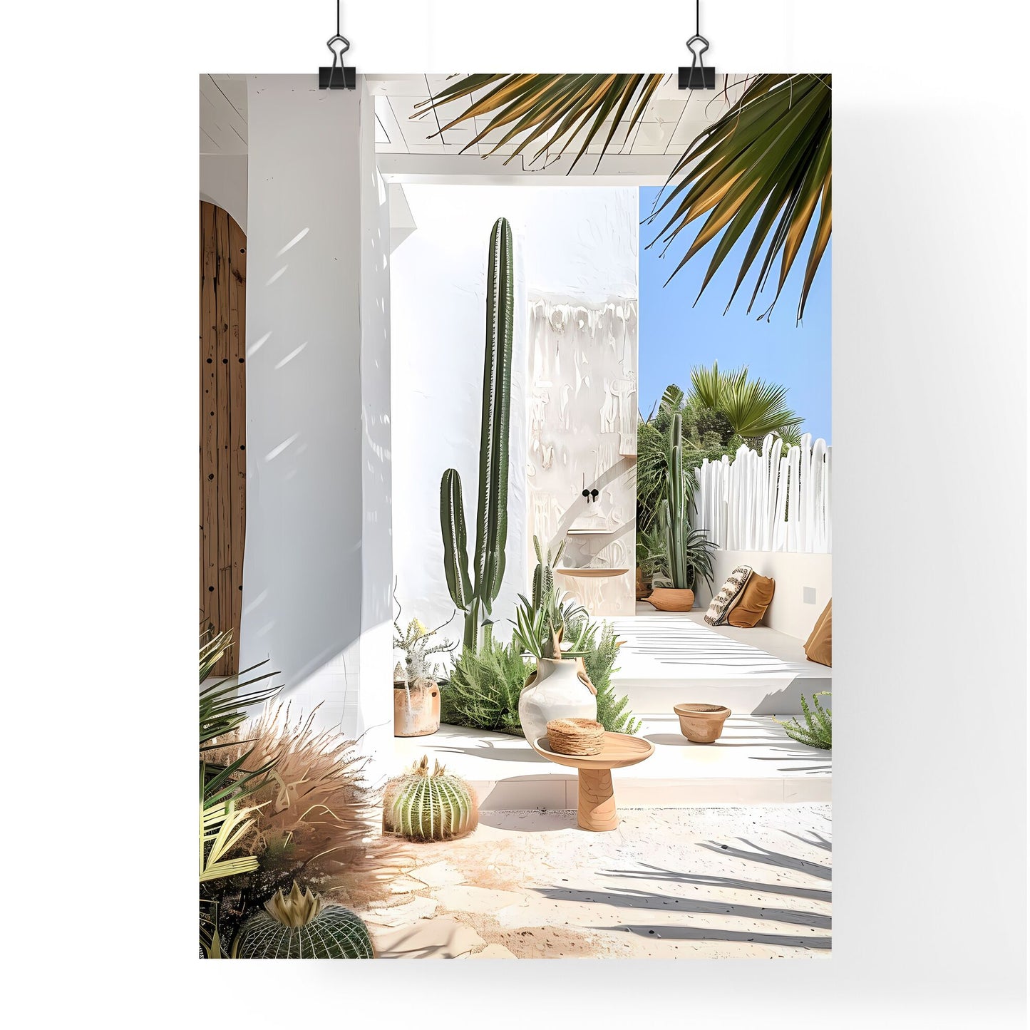 Minimalist Garden Oasis: White Walls, Wooden Accents, Tropical Foliage, Beach House Vibes, Architectural Digest-Worthy Photo Default Title