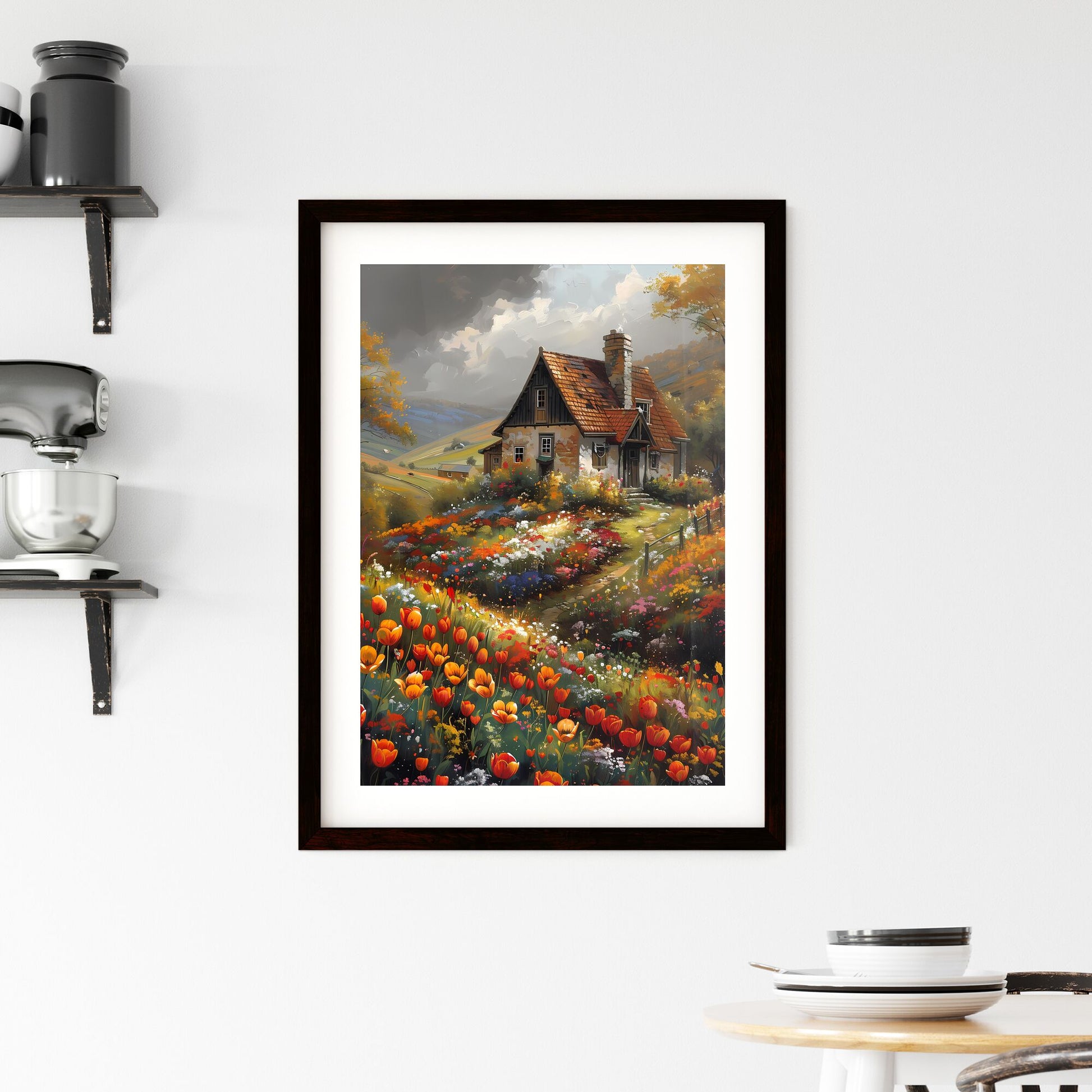 Charming Dutch Country House Amidst Vibrant Tulip Fields in Vintage-Inspired Landscape Painting Default Title
