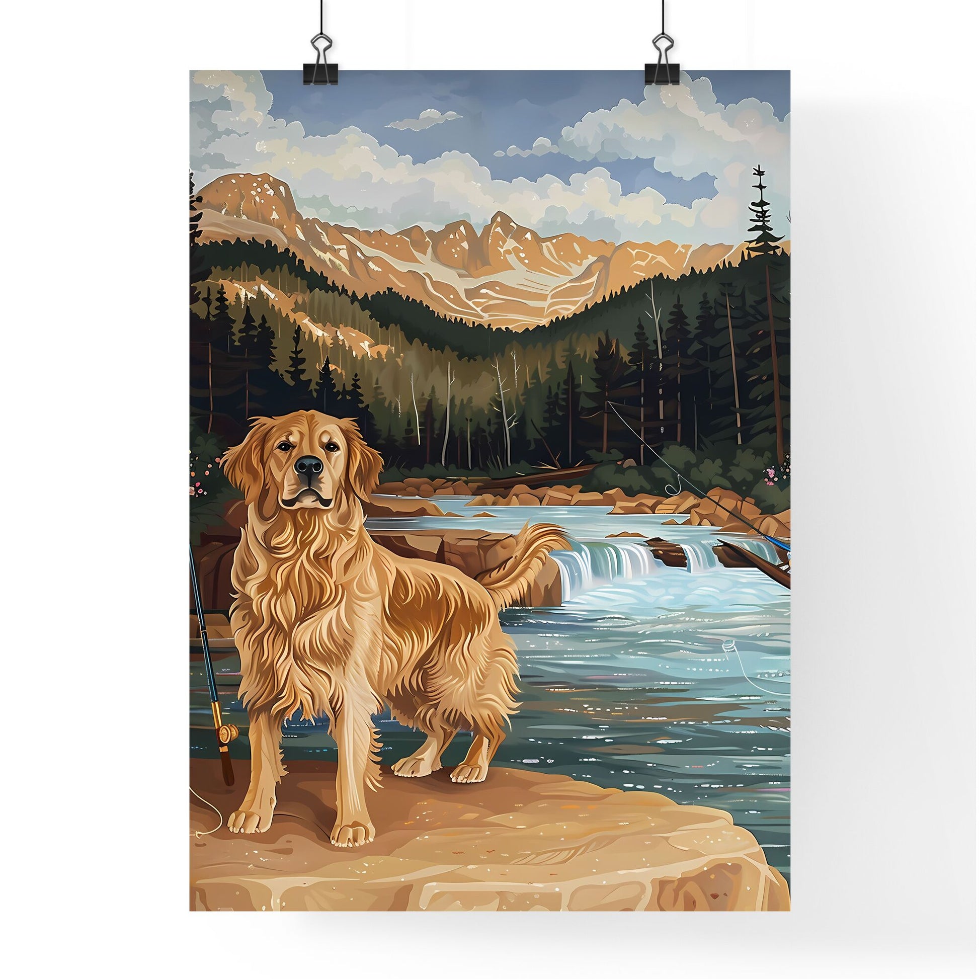 Artistic Golden Retriever Painting in Scenic Forest with Fly Fishing Rods and Riverside Environment Default Title