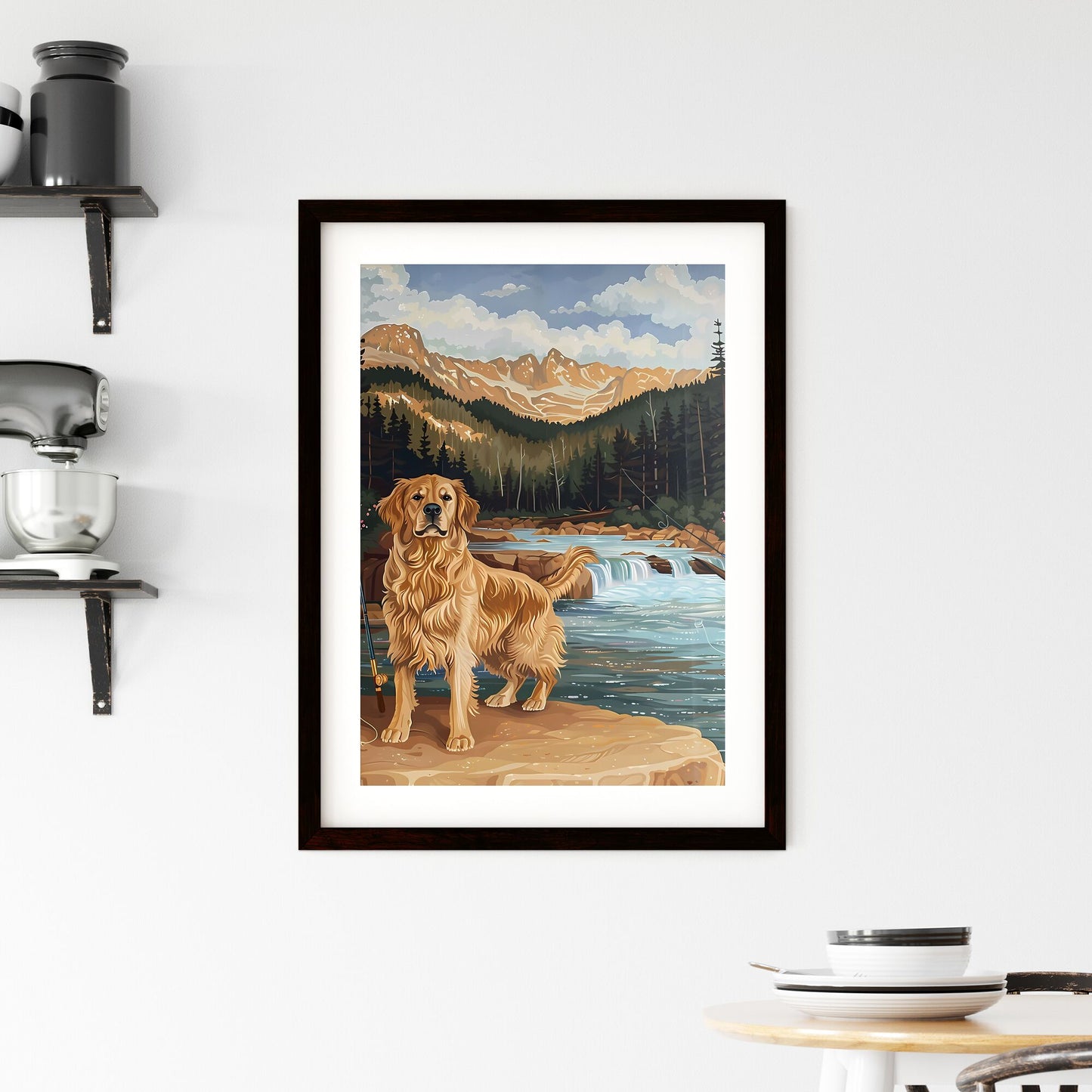 Artistic Golden Retriever Painting in Scenic Forest with Fly Fishing Rods and Riverside Environment Default Title