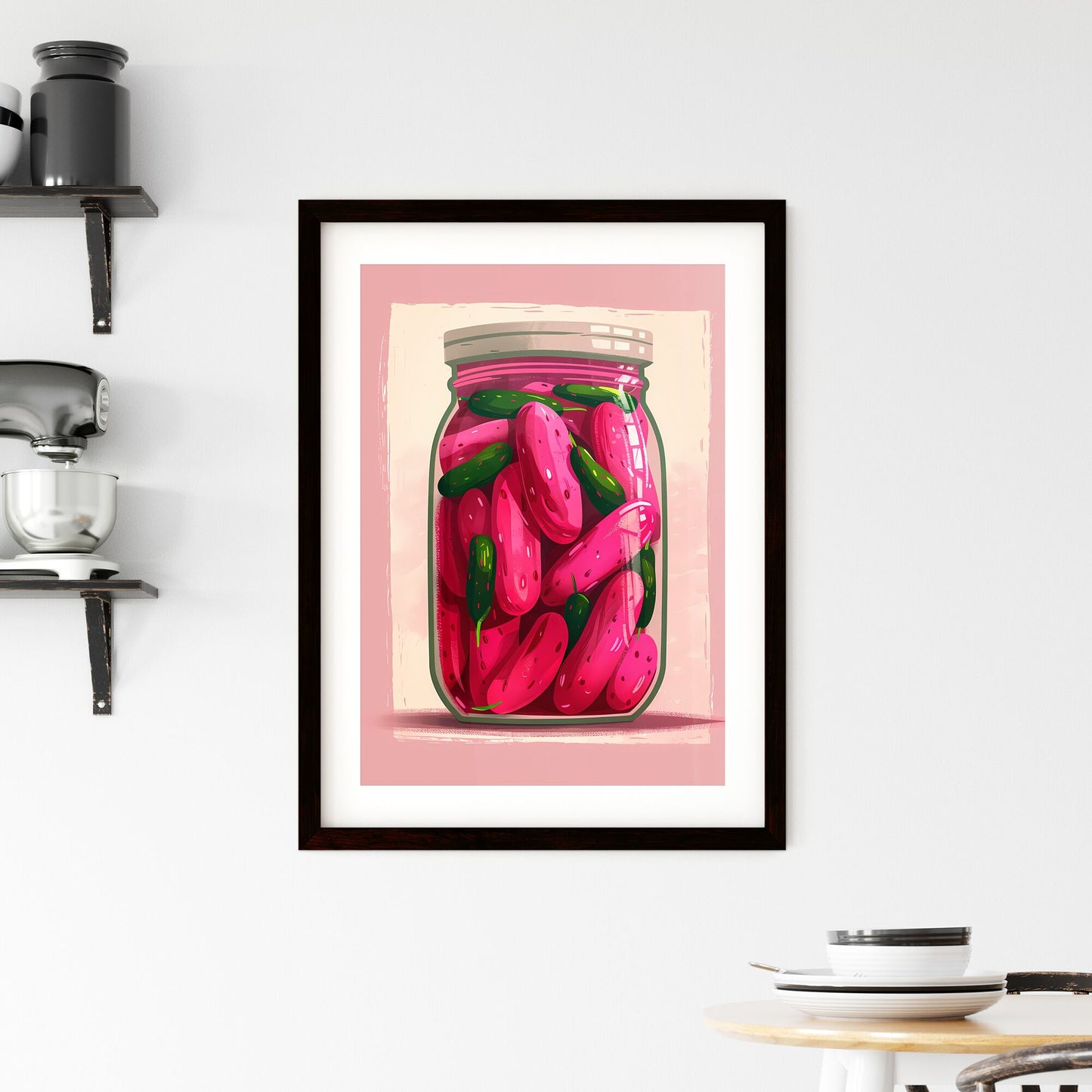 Vibrant Pink Pickles Illustration in Jar on White, Simple, Clean, Light, Airy, High Resolution, High Contrast, Bright Colors, Bold Lines, Soft Lighting, Detailed, Professional, Artistic, Painting Default Title