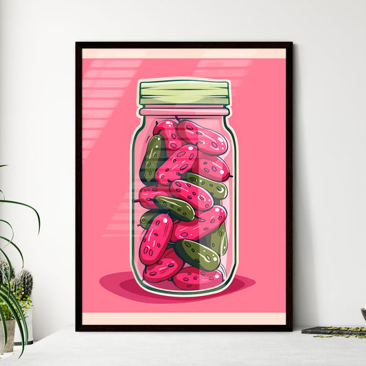 Vibrant Painting of Pink Pickles in Glass Jar, with White Border, on Pink Background, in Simple Illustration Style with Flat Colors, Pink and Green Color Palette Default Title