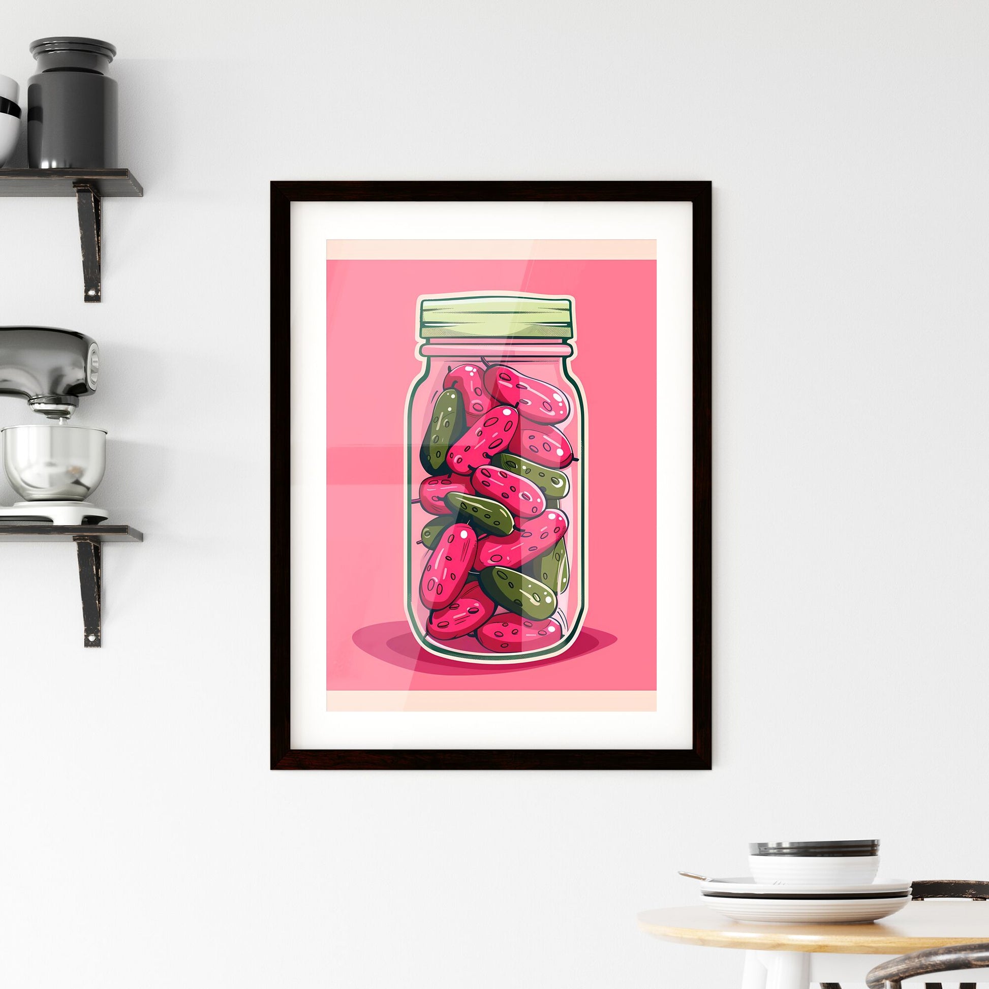 Vibrant Painting of Pink Pickles in Glass Jar, with White Border, on Pink Background, in Simple Illustration Style with Flat Colors, Pink and Green Color Palette Default Title