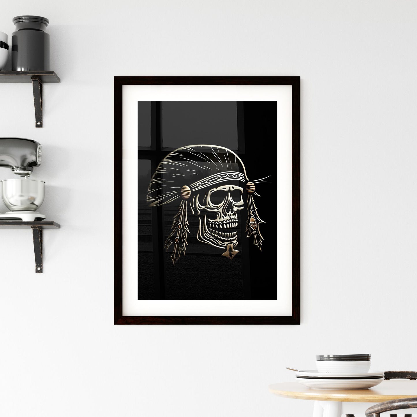 Detailed Black and White Pirate Skull Logo with Ornate Feathers Default Title