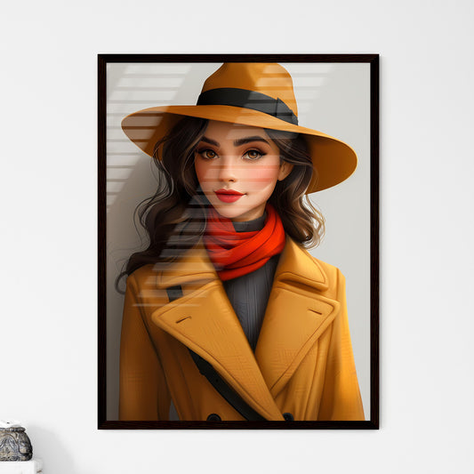 Vibrant Art: Cartoonish 20s Fashionista in Hat and Coat, Casual Pose, Blank Background Default Title