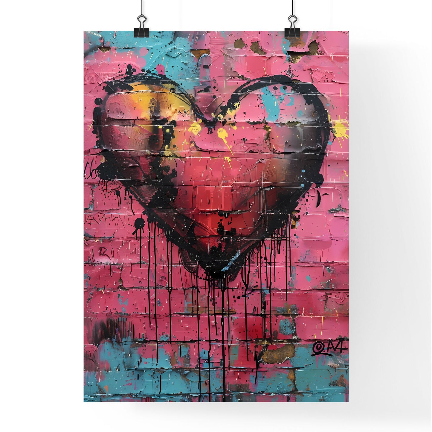 Pop Art Heart Graffiti, Street Spray Paint, Pink Brick Wall, Grunge Art, Vibrant Color, Pink, Black, Red, Aqua, Yellow, Blue, White Default Title