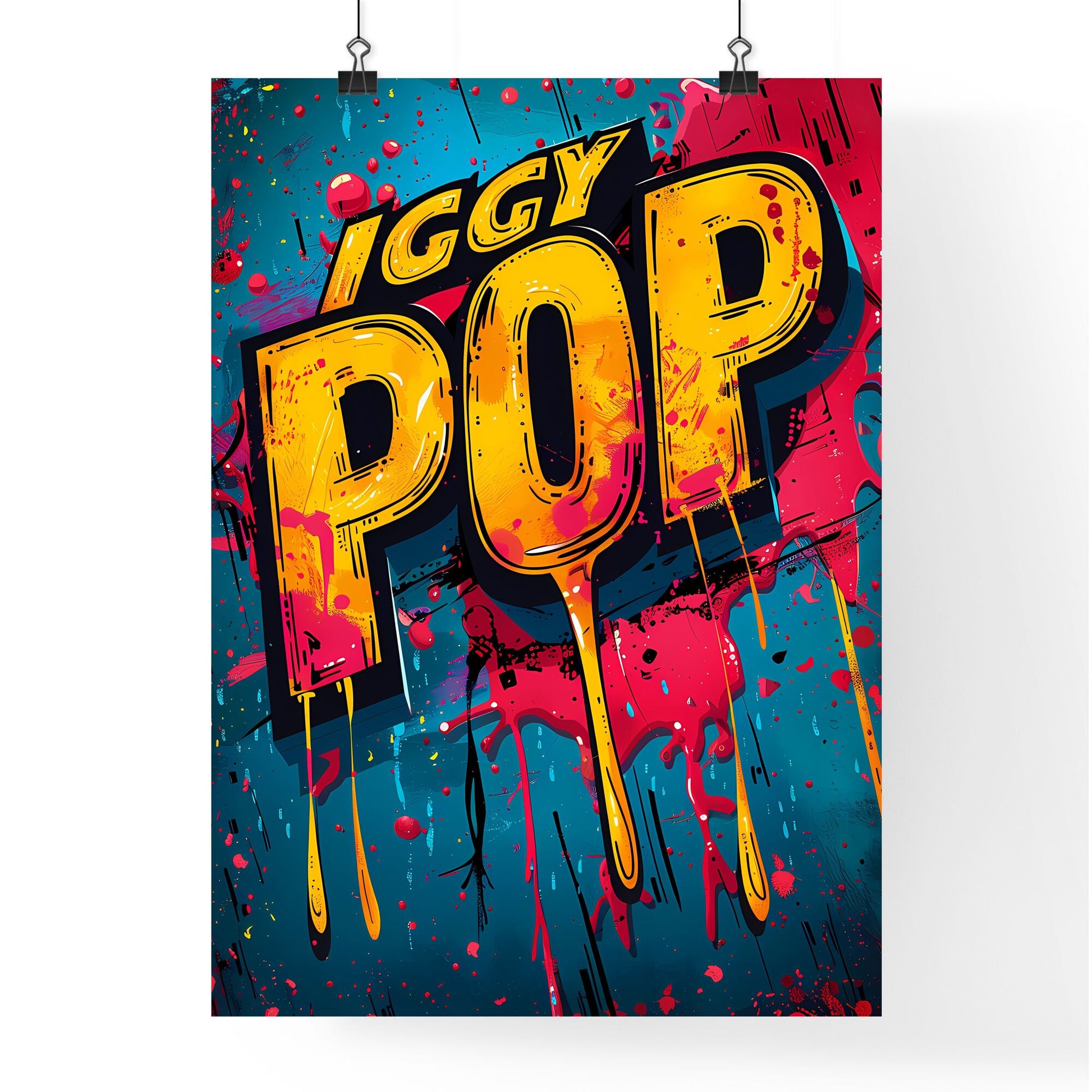 Vibrant Pop Art Painting: Geometric Shapes, Circle Screening, Vivid Colors, Word IGGY, Word POP, Exclamation, Splashes, Colored Drips Default Title