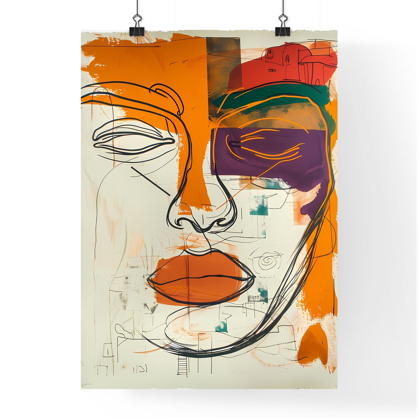 Modern Abstract Wall Art Print Featuring Psychedelic Thinking Face in Orange and Purple Palette Default Title