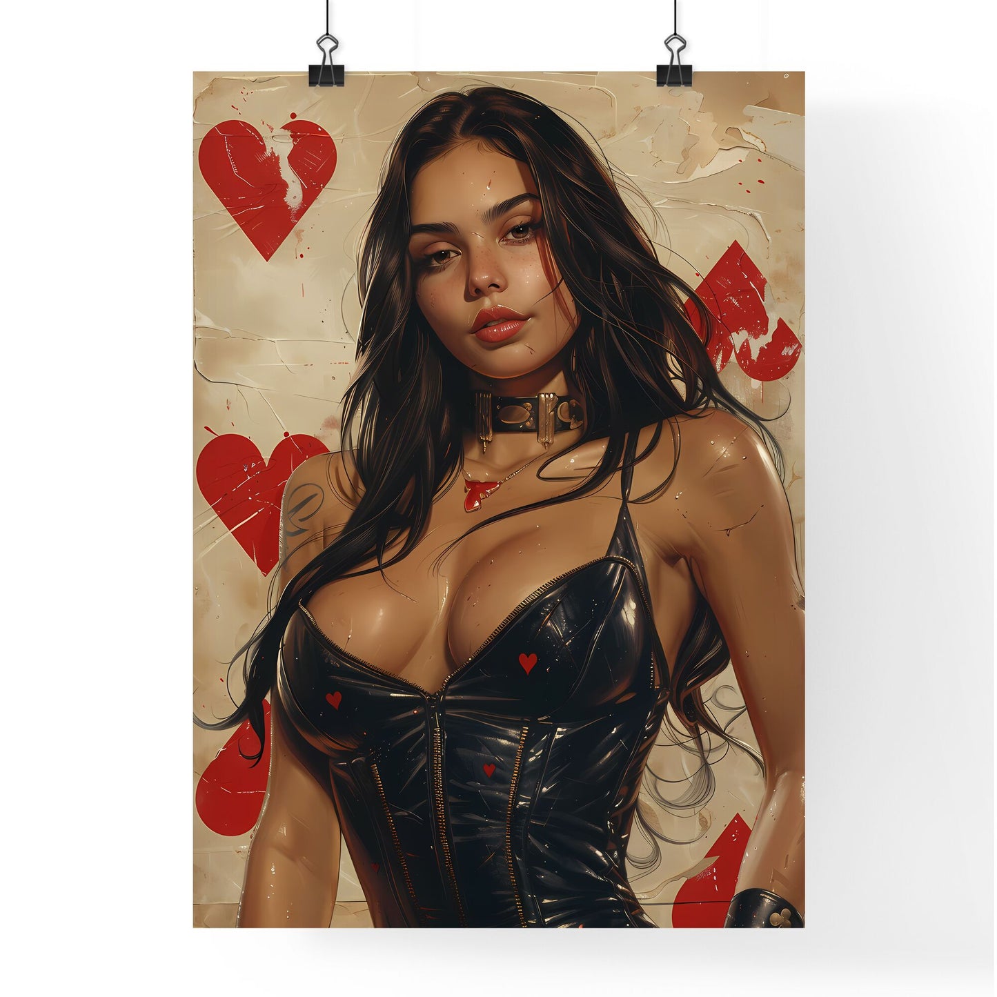 Vibrant Marvel-esque Art: Reimagined Queen of Hearts Playing Card with Cute Teen Girl and Beige Paper Backdrop Default Title
