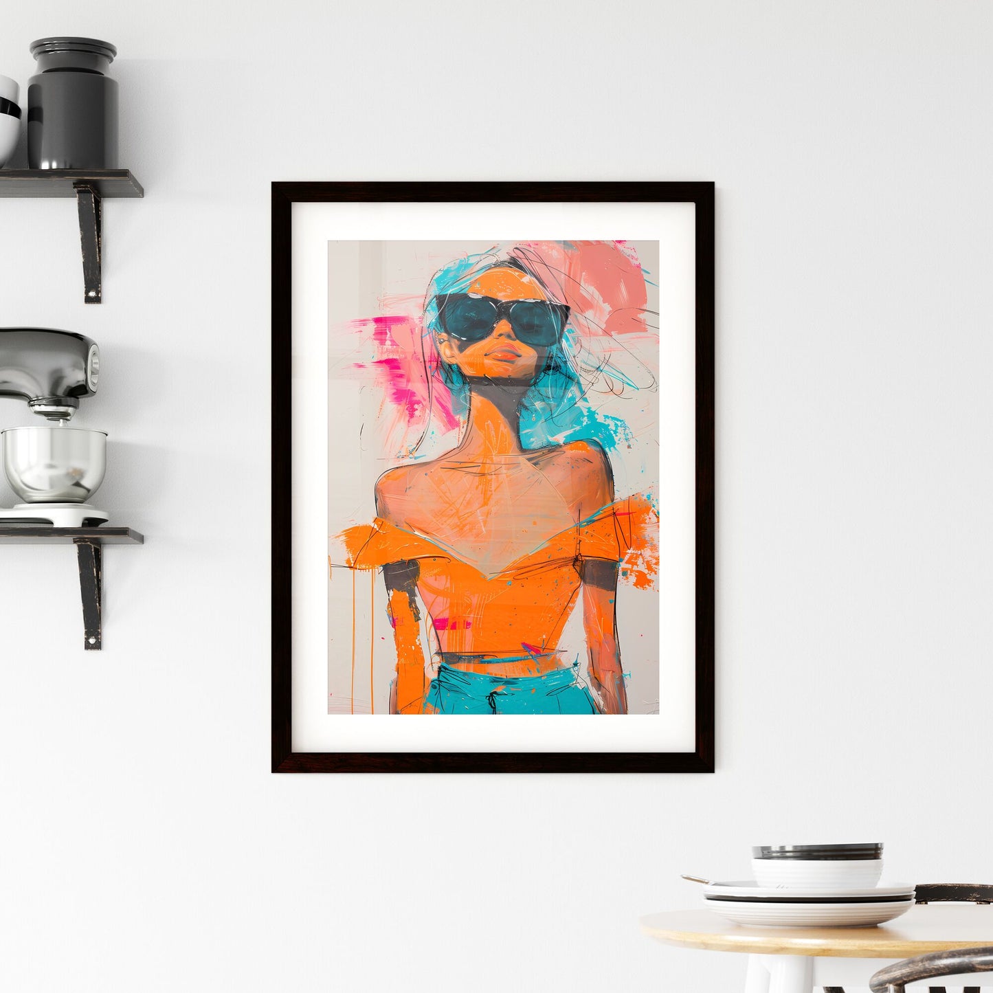 Blake style, colorful masterpiece: Full length image of a stylish woman wearing sunglasses and a mini dress, whimsical, joyous, surreal expressionist art, emerging artist, contemporary, modern Default Title
