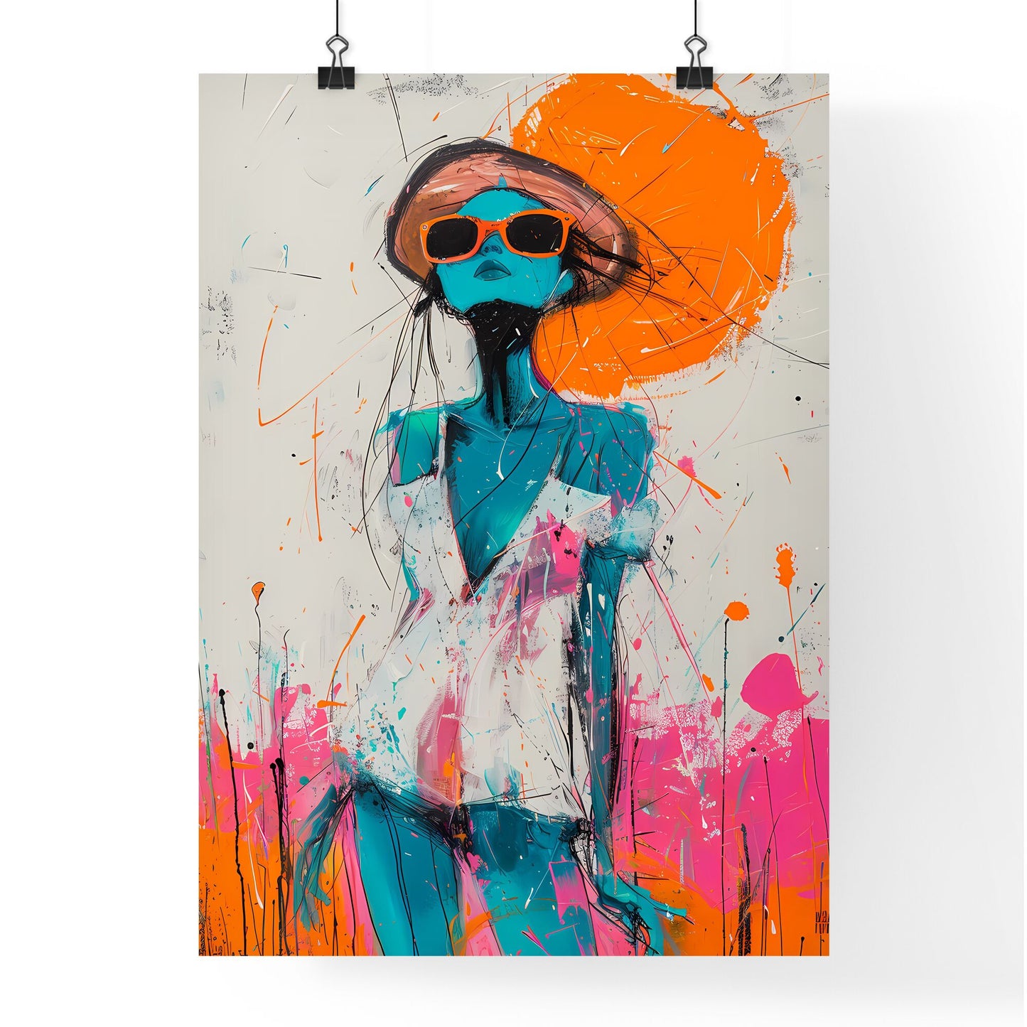 Whimsical Expressionist Masterpiece: Vibrant Painting of Woman in Sunglasses and Dress, Featuring Orange Highlights and Pastel Hues Default Title