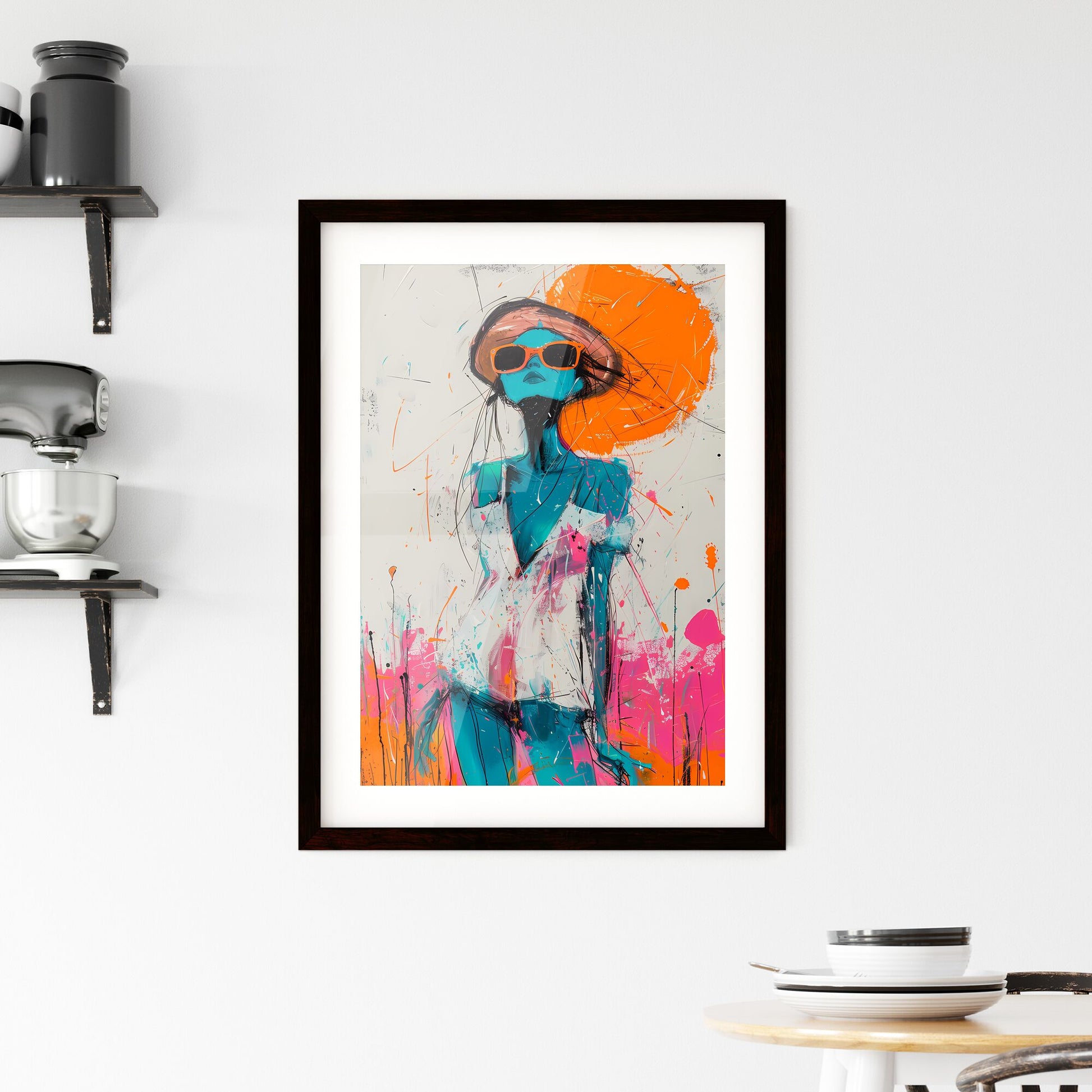 Whimsical Expressionist Masterpiece: Vibrant Painting of Woman in Sunglasses and Dress, Featuring Orange Highlights and Pastel Hues Default Title