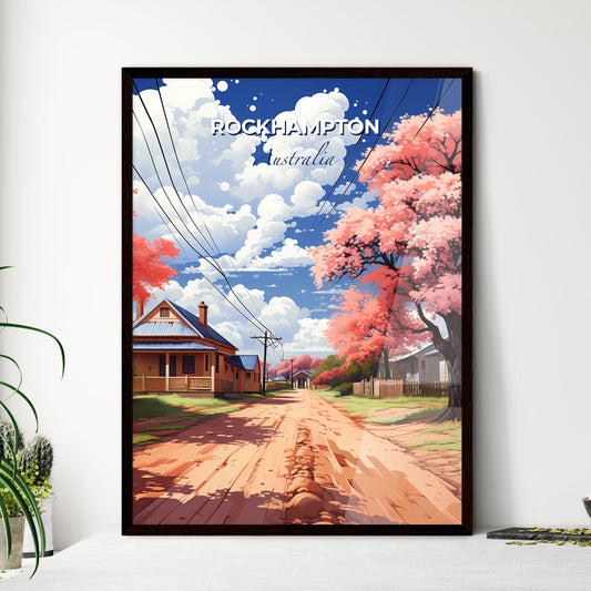 Vibrant Painting of Rockhampton Australia Skyline: Pink Trees and Houses Highlight Road in Artistic Depiction Default Title