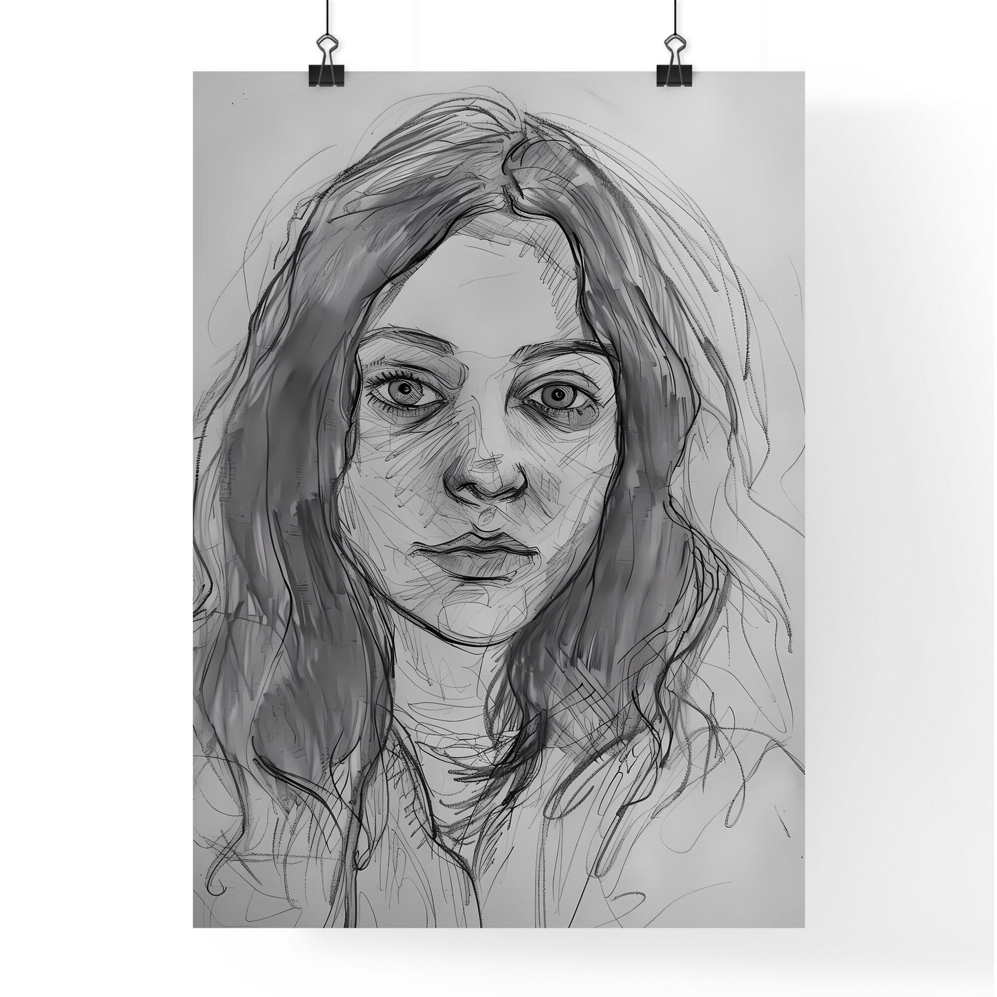 Pencil Sketch of Woman with Long Hair: Vibrant, Impressionistic Art of Mysterious Eyes and Feminine Beauty Default Title