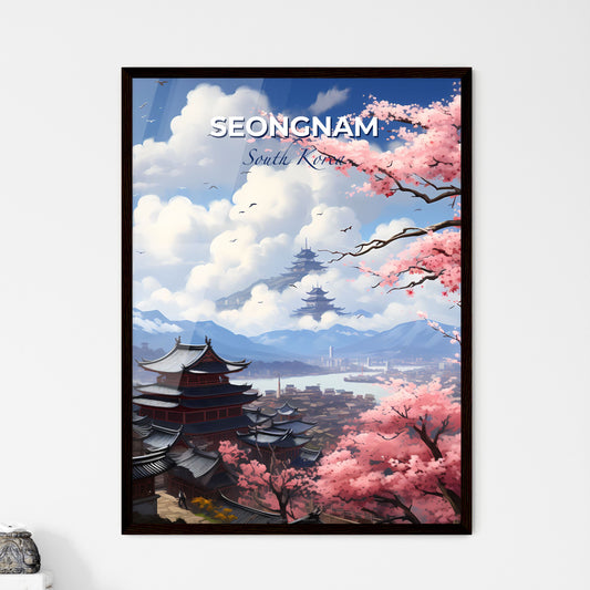 Vibrant Cityscape Painting of Seongnam South Korea Skyline with Cherry Blossoms Default Title