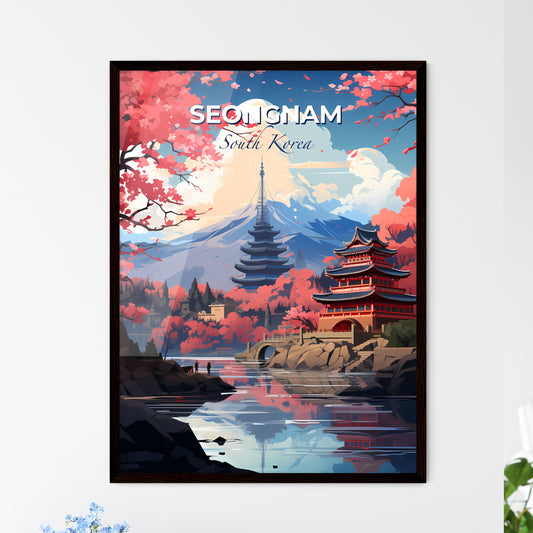Vibrant Korean Painting Depicting Seongnam Skyline with Pagoda, River, and Mountain Default Title