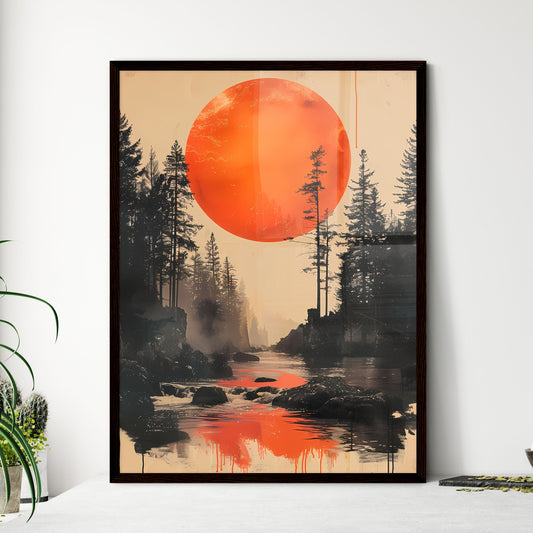 Mesmerizing Forest Landscape with Minimalist Red Circle and Vibrant Moon Painting, Digital Collage Art Default Title
