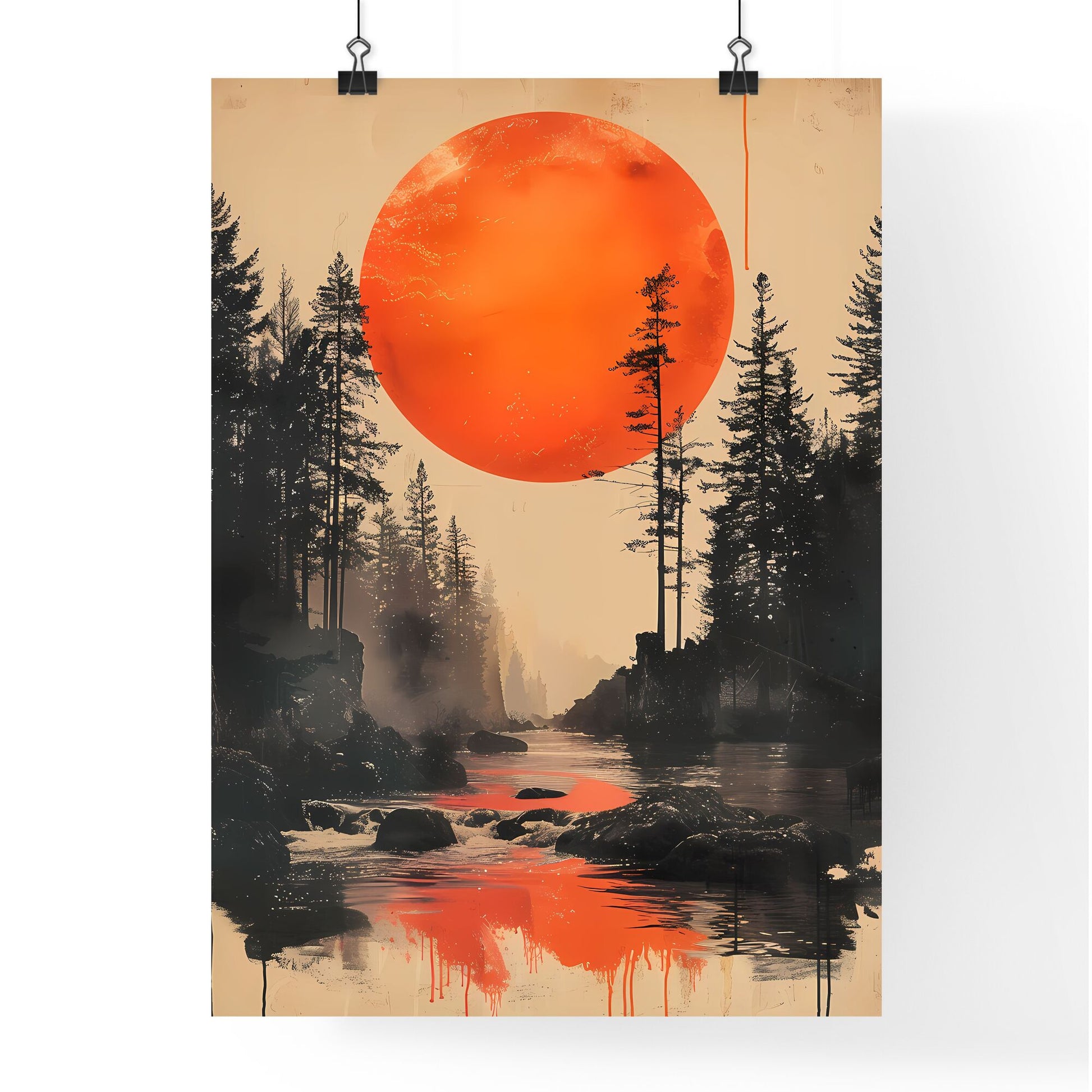 Mesmerizing Forest Landscape with Minimalist Red Circle and Vibrant Moon Painting, Digital Collage Art Default Title