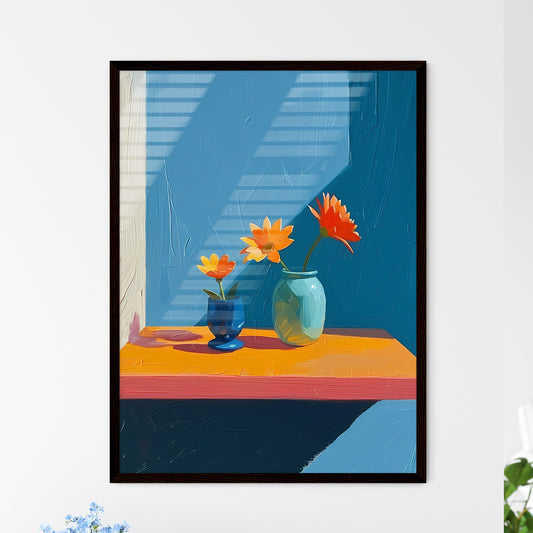 Vibrant Still Life Painting: Complementary Colors, Triadic Composition, Flowers in Blue Vases on Shelf Default Title