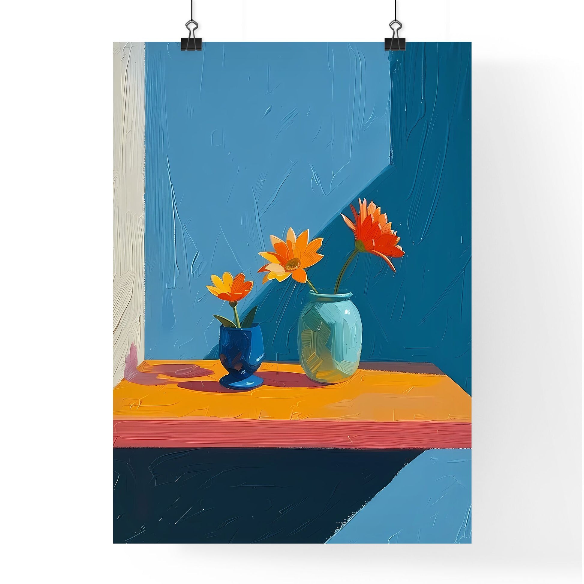 Vibrant Still Life Painting: Complementary Colors, Triadic Composition, Flowers in Blue Vases on Shelf Default Title