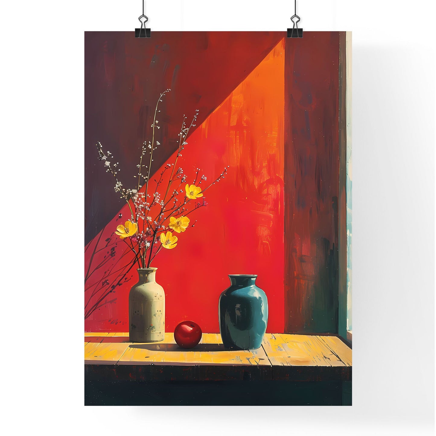 Modern stock image of a still life with vases, flowers, and an apple featuring a cantilever composition and triadic colors Default Title