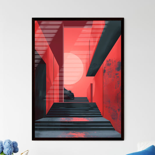 Minimalist Brutalism Art: Vibrant Red and Black Stairway Painting, Abstract Contemporary Artwork Default Title