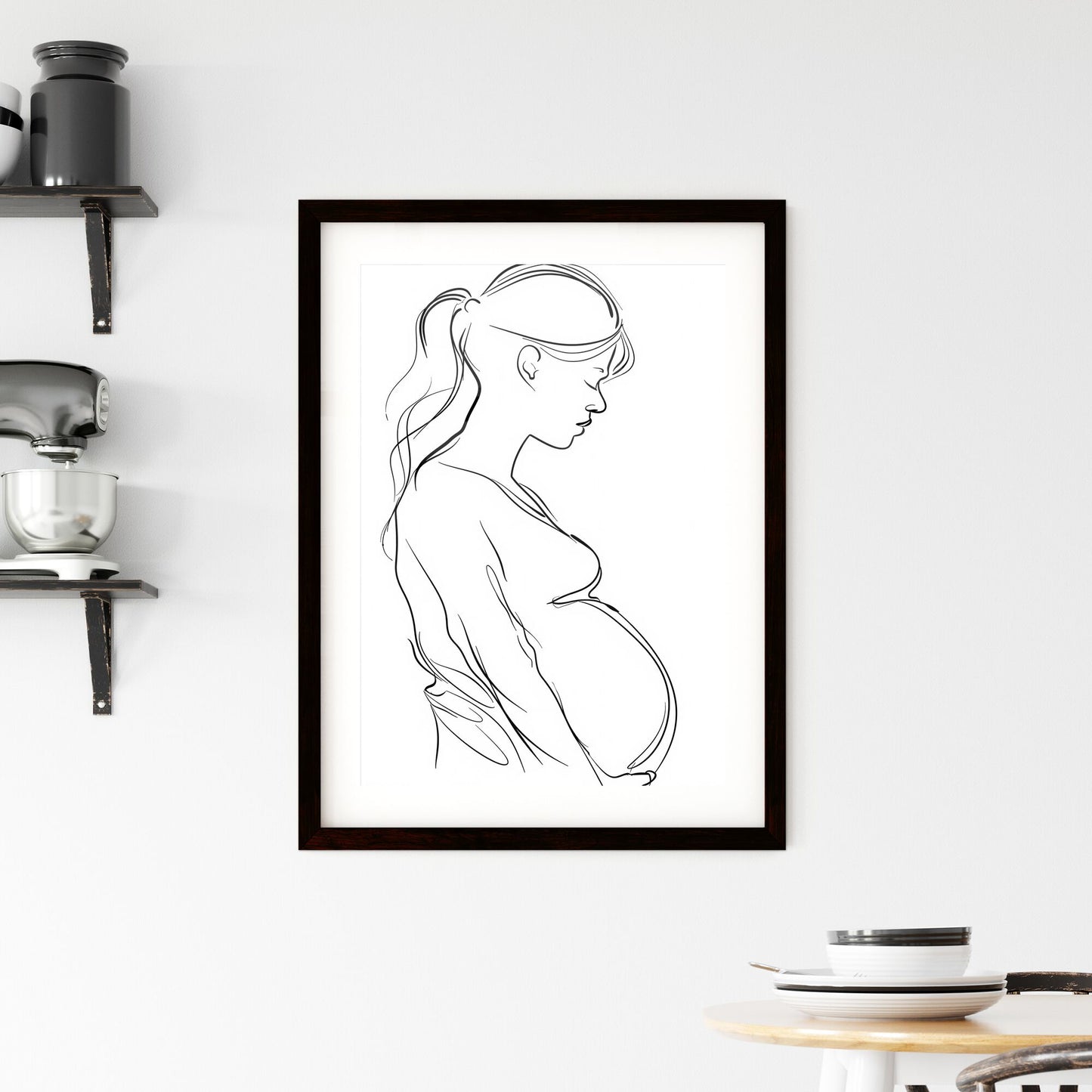 Fluid artwork portrays the essence of a vibrant, pregnant woman in a captivating single-line continuous drawing Default Title