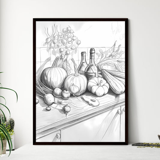 Vibrant Still Life Painting: Vegetables, Wine, and Kitchen Countertop Art Default Title