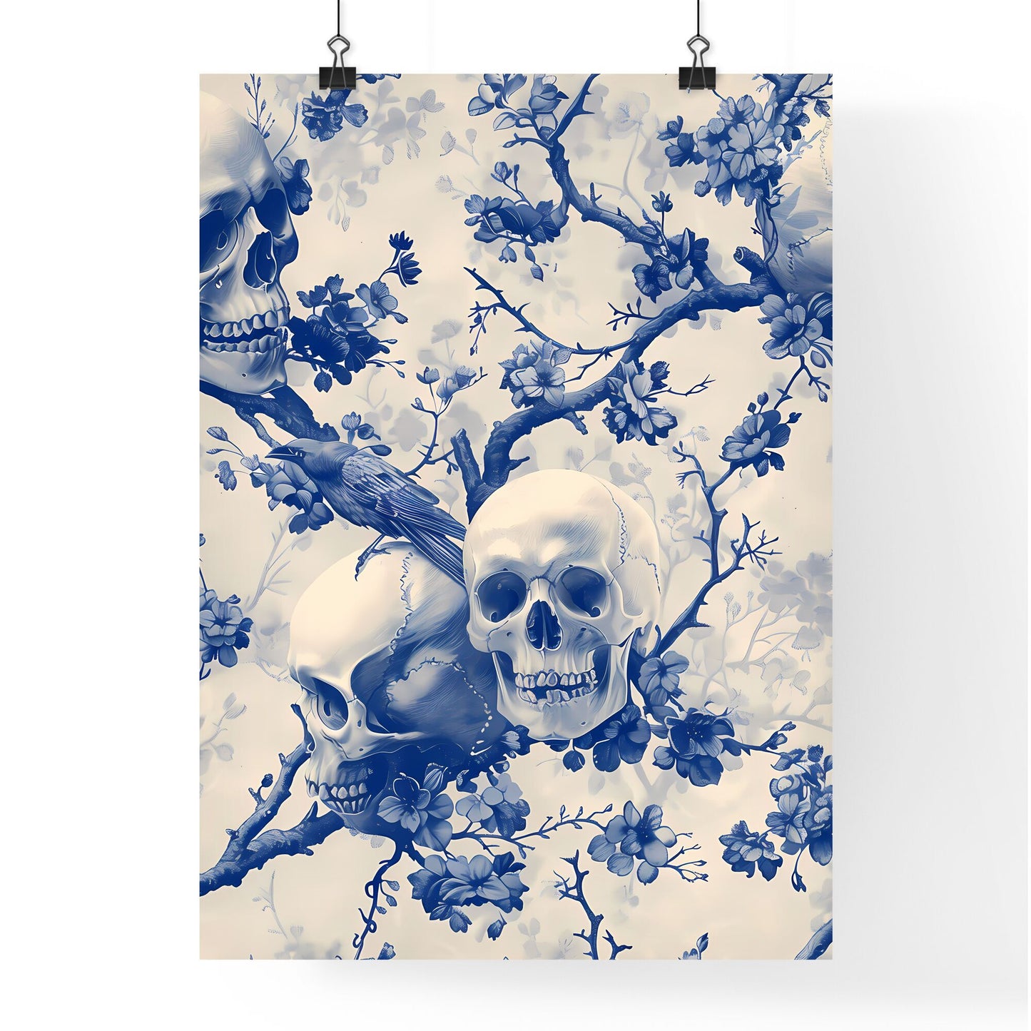 Striking 18th Century Chinoiserie Wallpaper Pattern with Skulls, Ravens, Tree Branch, Strong Linework, Macabre Motifs, Blue and White Contrast Default Title