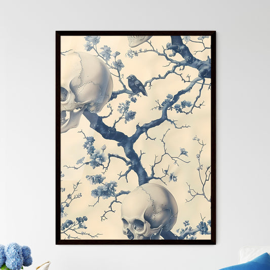 Blue and white chinoiserie wallpaper with skulls, ravens, and a skull and bird on a tree, 18th century, macabre, strong linework, painting, art Default Title