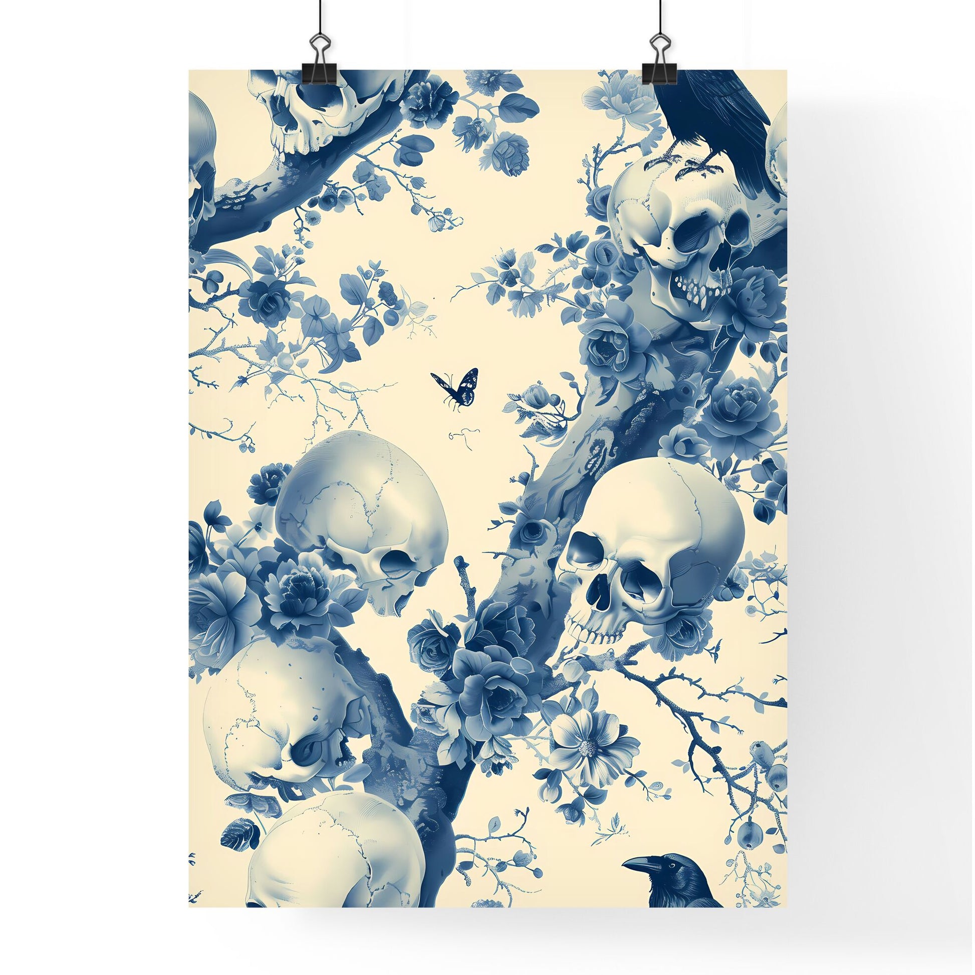 18th Century Blue and White Chinoiserie Wallpaper Pattern with Skull and Raven Motifs Default Title