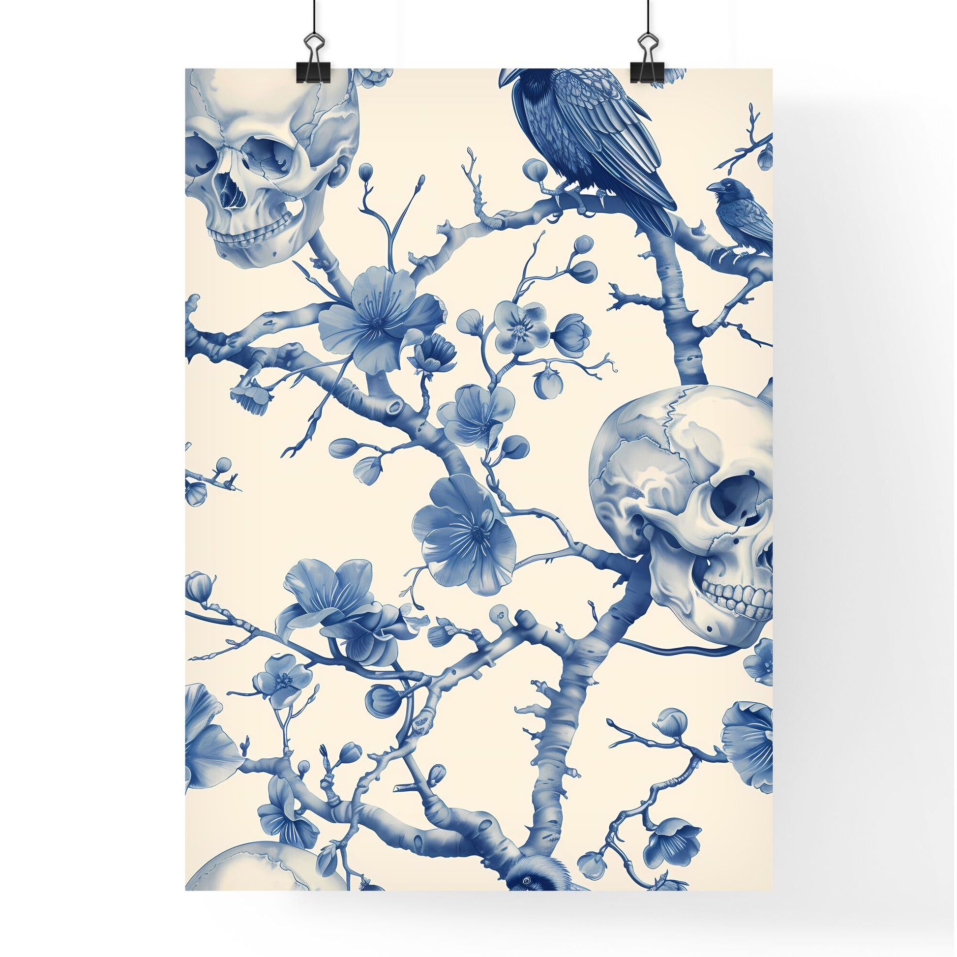 18th-century Chinoiserie Skull and Raven Wallpaper Motif in Vibrant Blue and White Default Title