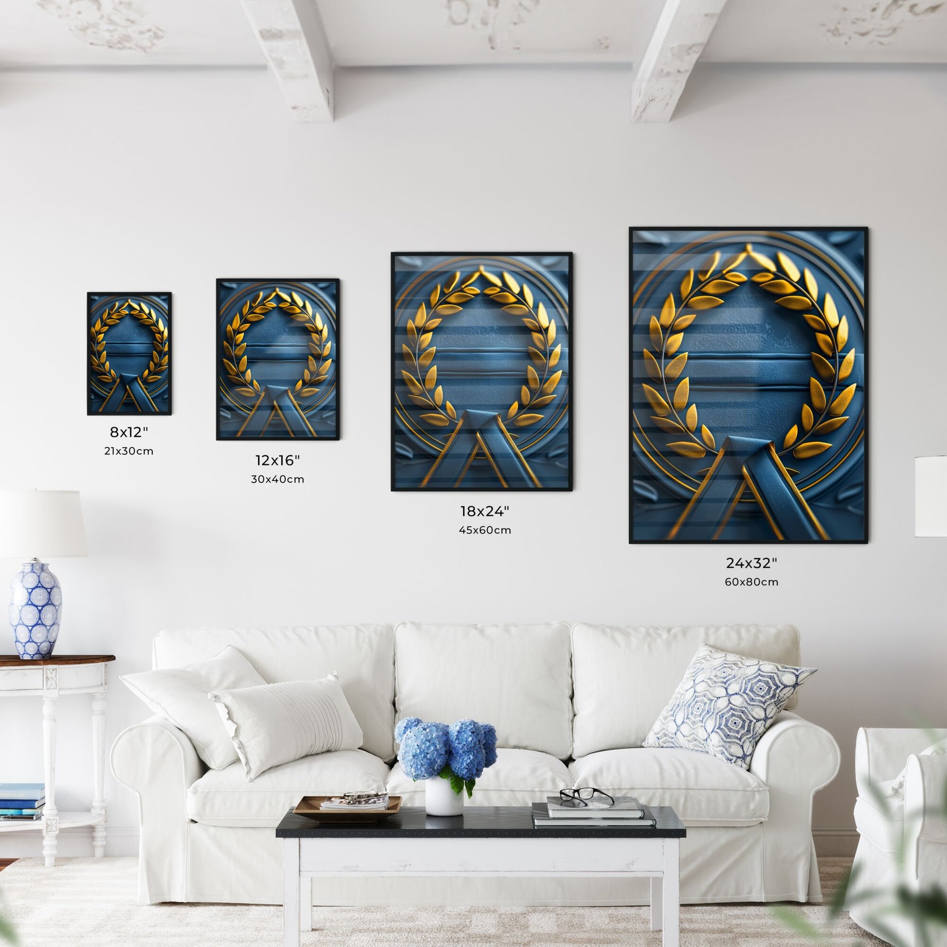 3D Laurel Wreath Icon, Blue and Gold, Excellence Ribbon, White Background, Transparent PNG, Painting Art Default Title