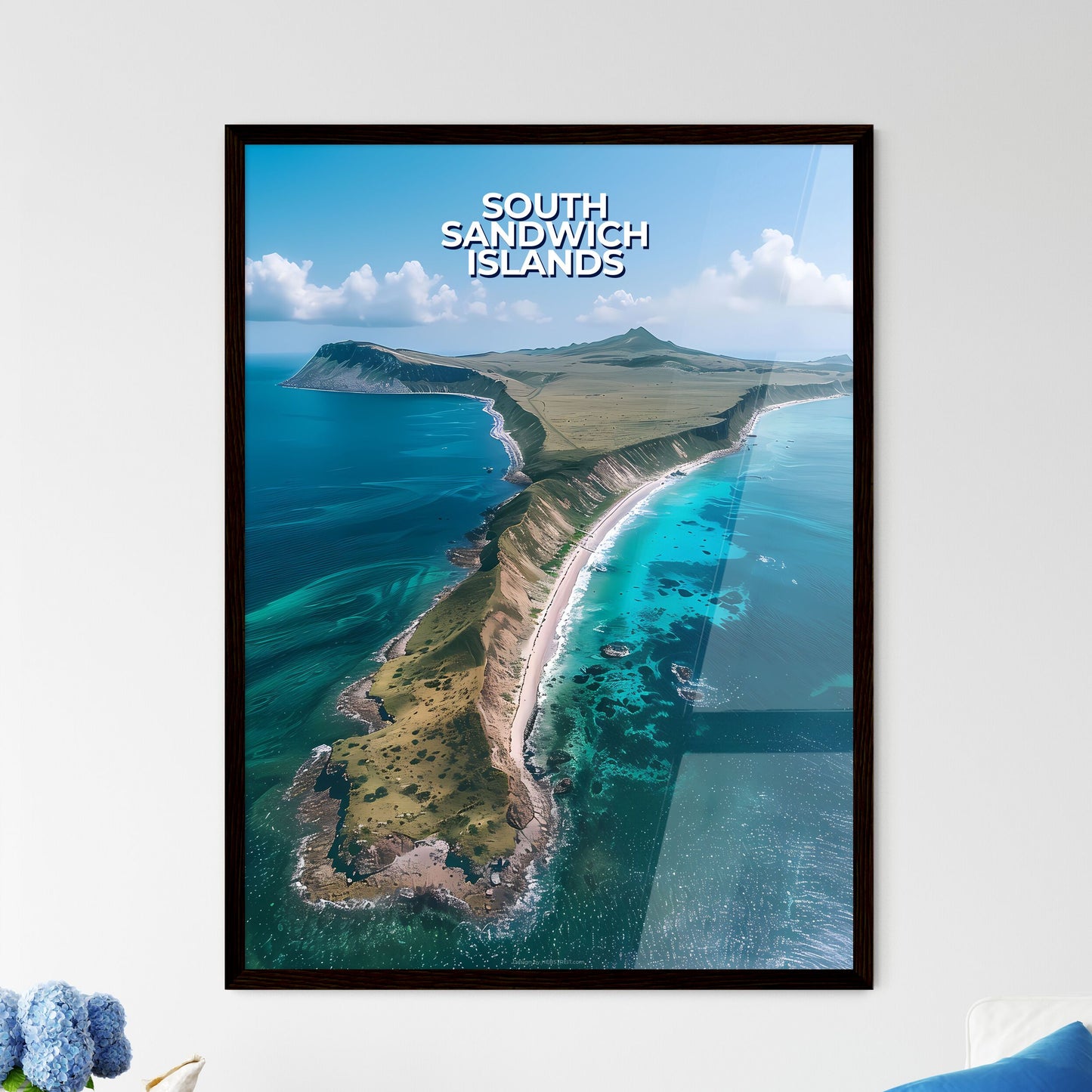 Artistic Interpretation of South Sandwich Islands Landscape: Painted Beach Scene with Turquoise Waters, Vibrant Colors