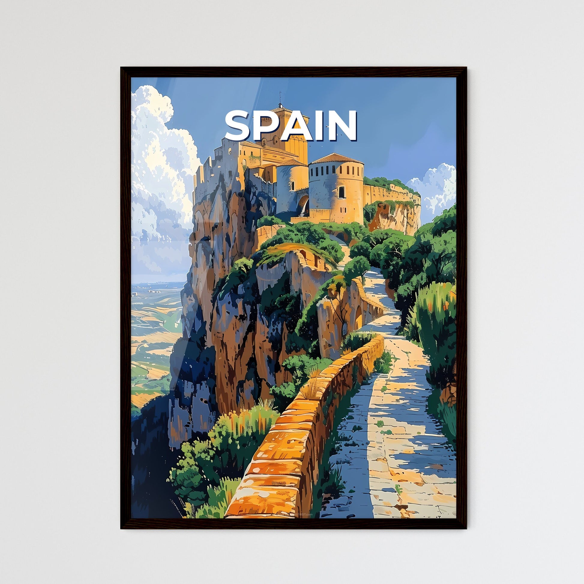 Spain, Europe - Stone Path to Majestic Clifftop Castle: A Vibrant Brushstroke Masterpiece