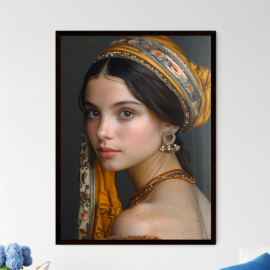 Intricate Spanish Noblewoman Portrait, 17th Century, Blue and Gold Costume, Intelligent Gaze, Long Hair, Headscarf, Earrings, Renaissance Art Default Title