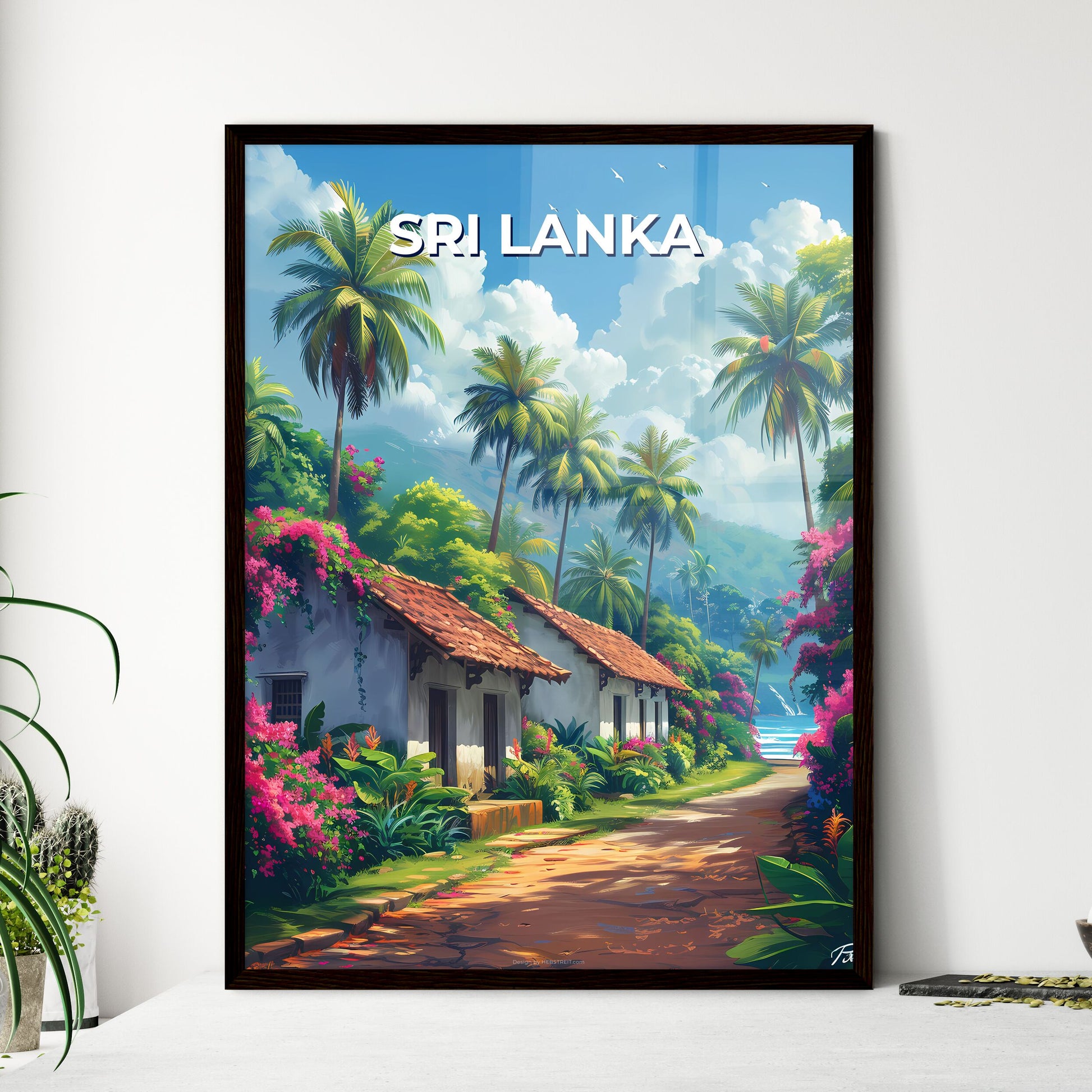 South Asia Painting, Home, Sri Lanka, Road, Palm Trees, Flowers, Vibrant, Art