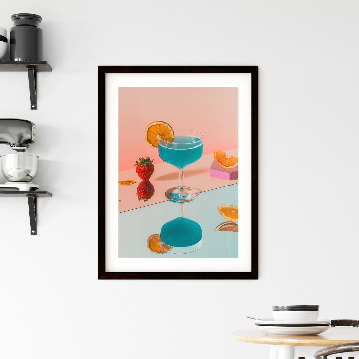 Isometric Perspective: Modern Still Life - Sleek and Vibrant Artistic Composition with Blue Drink, Dried Orange Slice, and Minimalist Setup Default Title