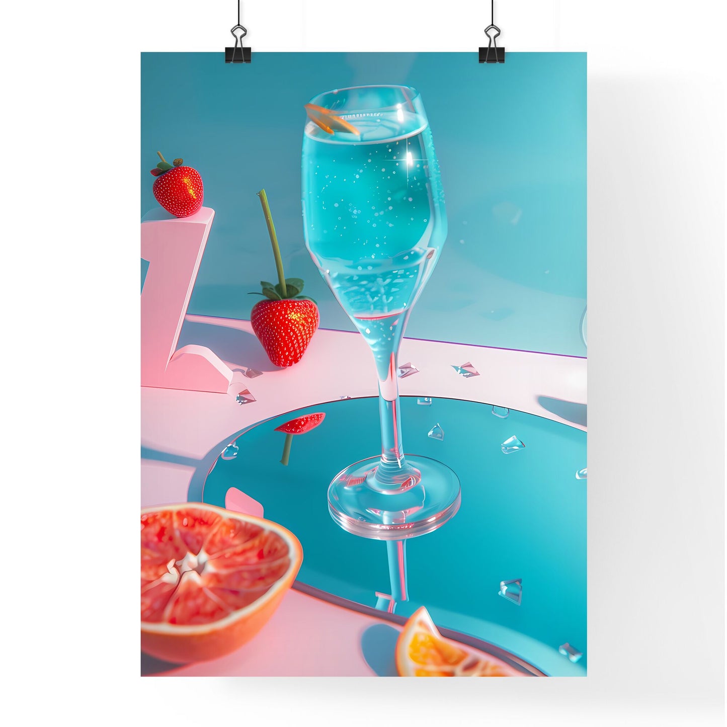 Isometric Angle Still Life: Modern Trendy Glass of Blue Drink with Dried Orange Slice, Strawberry on Pink Pedestal, and Vibrant Art Aspect Default Title