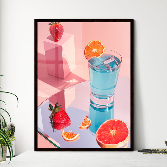 Vibrant, Isometric Still Life: Glass of Blue Drink with Dried Orange Slice, Pink Pedestal, Peeling Orange Segments on Sleek Background Default Title