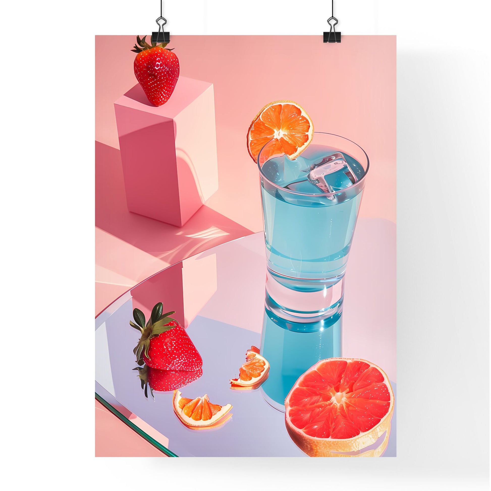 Vibrant, Isometric Still Life: Glass of Blue Drink with Dried Orange Slice, Pink Pedestal, Peeling Orange Segments on Sleek Background Default Title